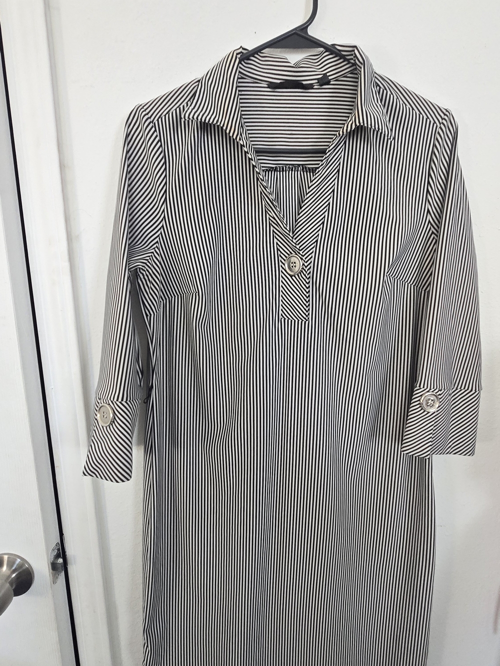 Black & White Vertical Stripe Collared Long Sleeve Dress